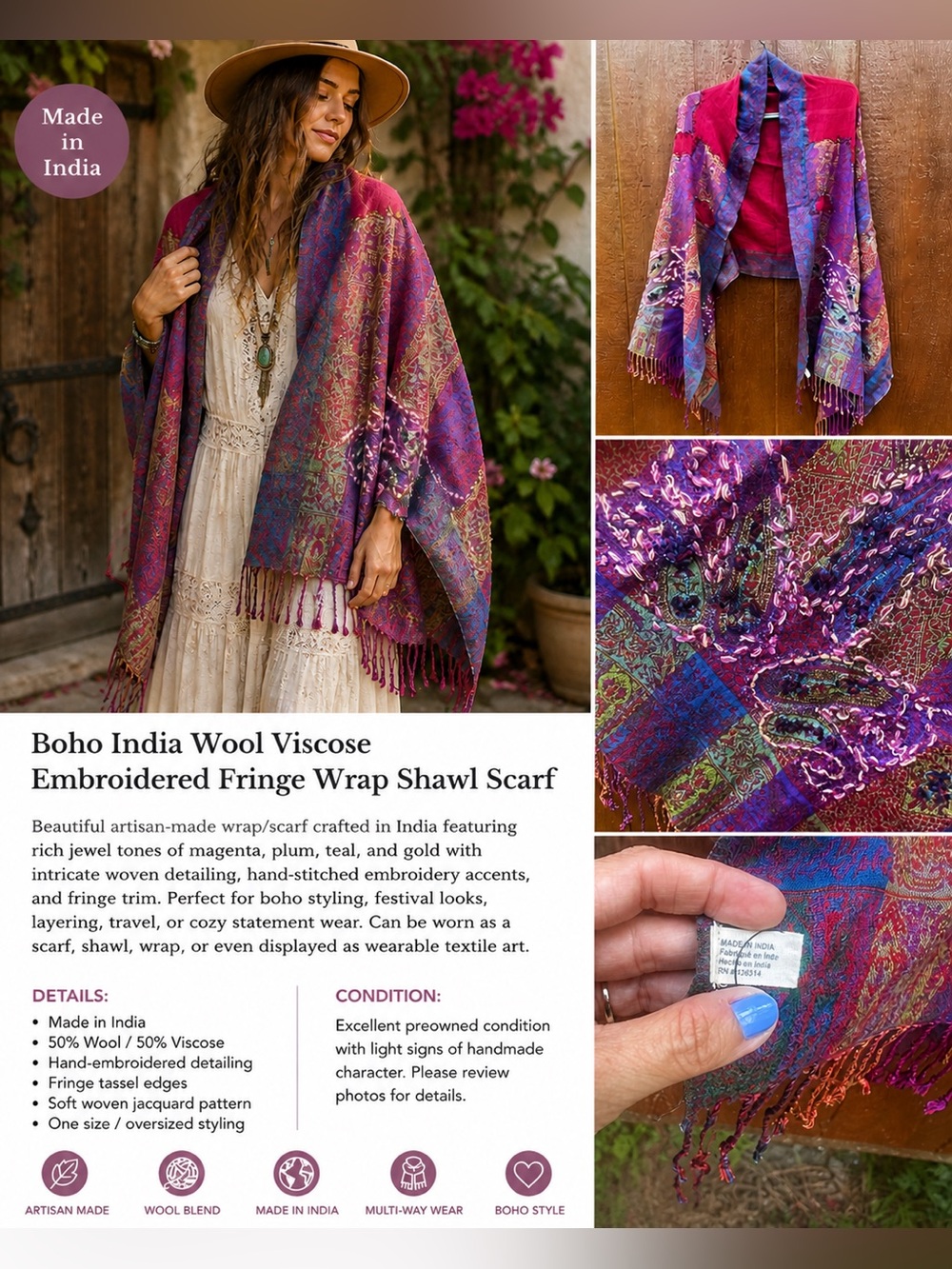 Boho India Wool Viscose Embroidered Fringe Wrap Shawl Scarf Festival Luxe